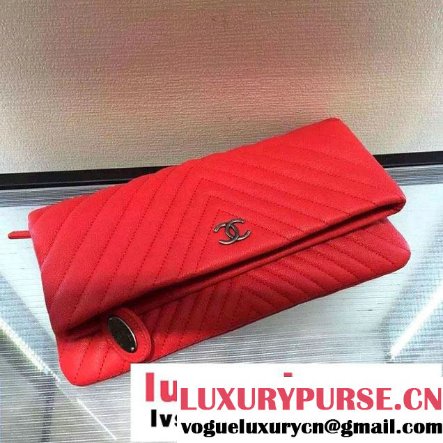 Chanel Calfskin Chevron Folded Large Clutch Case Bag Red 2015