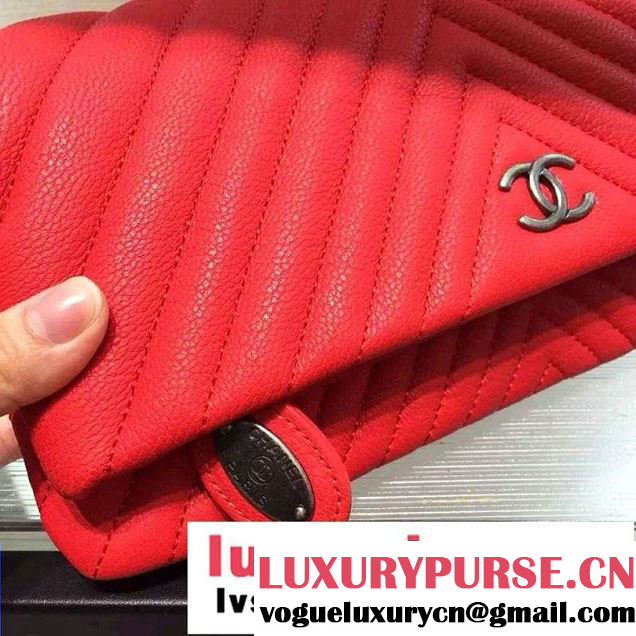 Chanel Calfskin Chevron Folded Large Clutch Case Bag Red 2015