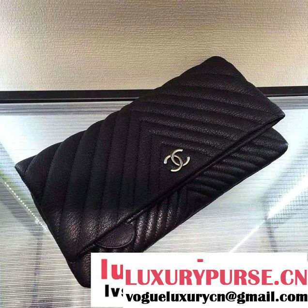 Chanel Calfskin Chevron Folded Large Clutch Case Bag Black 2015