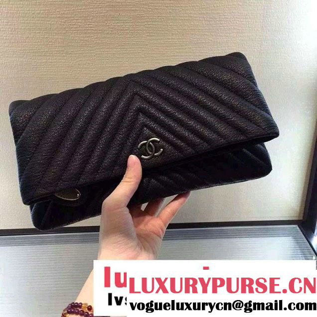 Chanel Calfskin Chevron Folded Large Clutch Case Bag Black 2015