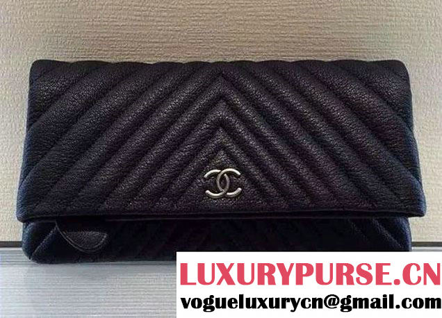 Chanel Calfskin Chevron Folded Large Clutch Case Bag Black 2015