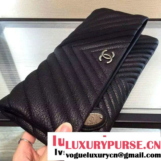Chanel Calfskin Chevron Folded Large Clutch Case Bag Black 2015