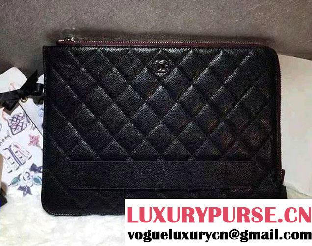 Chanel Grained Calfskin Pouch Clutch Bag A82389 Black/Silver 2016