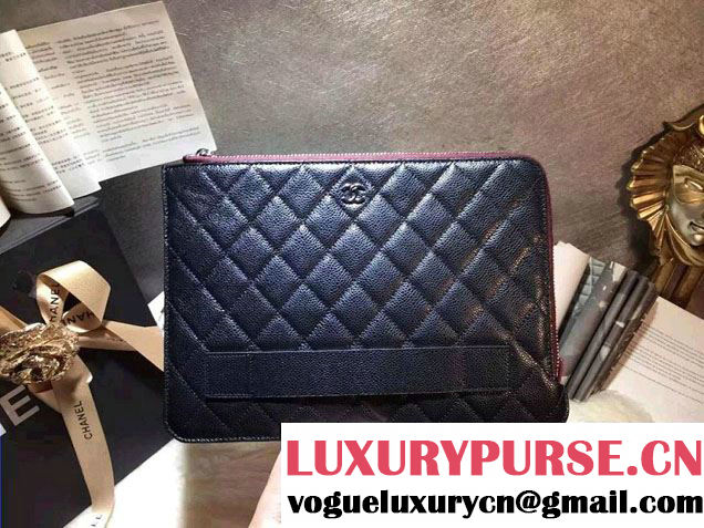 Chanel Grained Calfskin Pouch Clutch Bag A82389 Black/Silver 2016