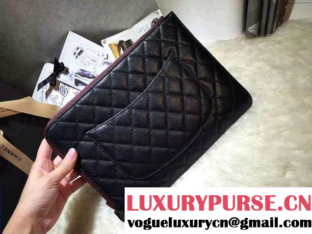 Chanel Grained Calfskin Pouch Clutch Bag A82389 Black/Silver 2016