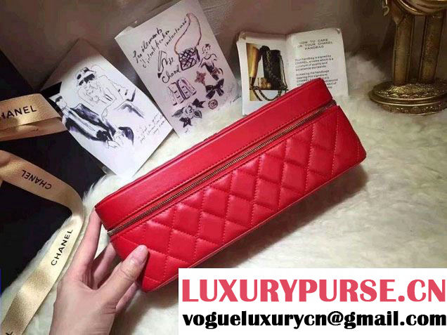 Chanel Lambskin Cosmetic Pouch Long Bag Red 2016