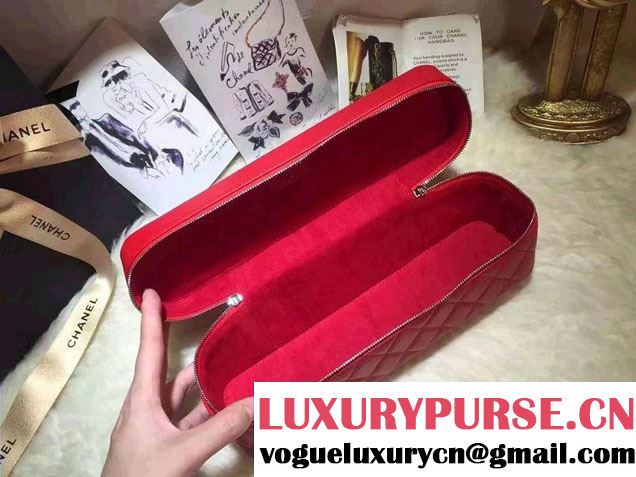 Chanel Lambskin Cosmetic Pouch Long Bag Red 2016