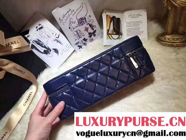 Chanel Lambskin Cosmetic Pouch Long Bag Navy Blue 2016