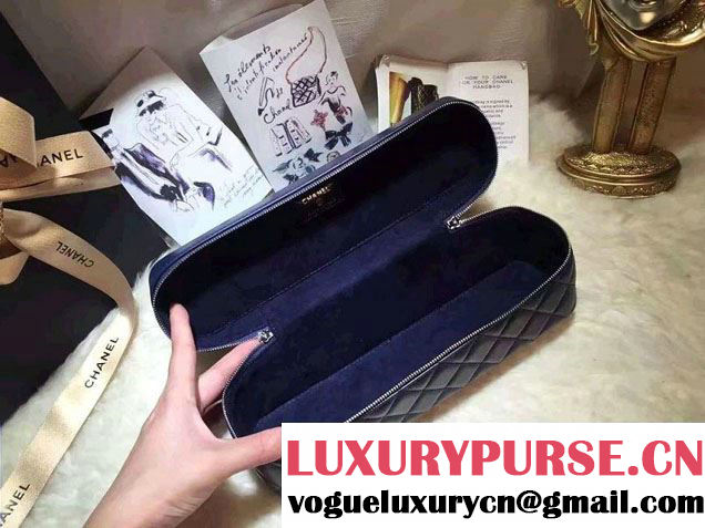 Chanel Lambskin Cosmetic Pouch Long Bag Navy Blue 2016