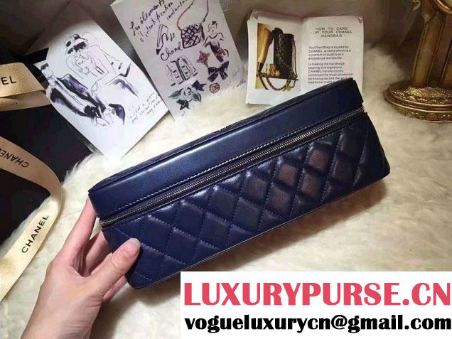 Chanel Lambskin Cosmetic Pouch Long Bag Navy Blue 2016