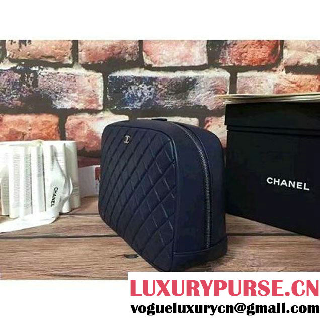 Chanel Lambskin Cosmetic Pouch Large Bag Navy Blue 2016