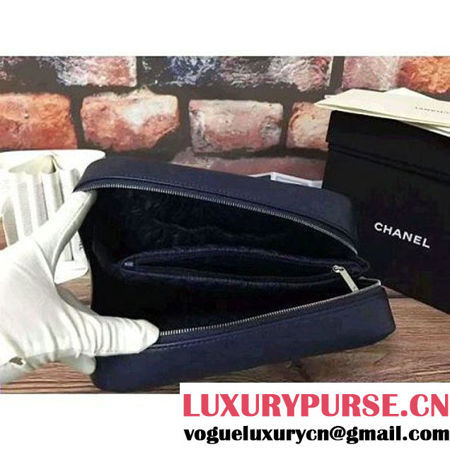 Chanel Lambskin Cosmetic Pouch Large Bag Navy Blue 2016