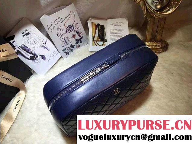 Chanel Lambskin Cosmetic Pouch Large Bag Navy Blue 2016