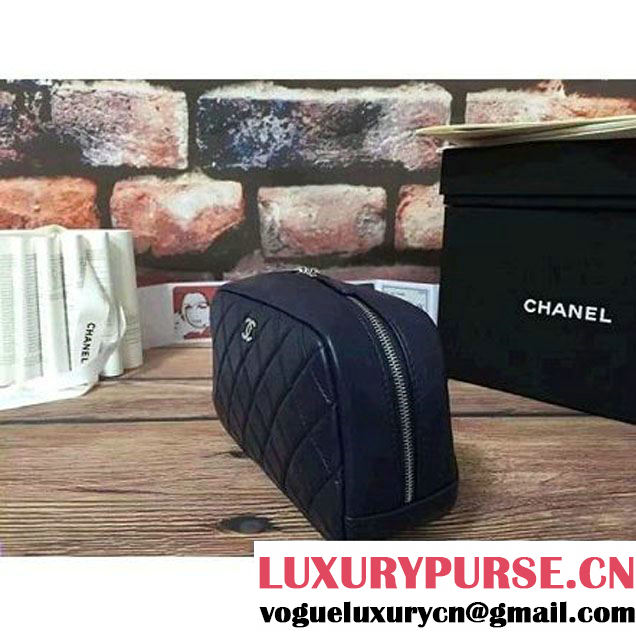 Chanel Lambskin Cosmetic Pouch Medium Bag A80910 Navy Blue 2016