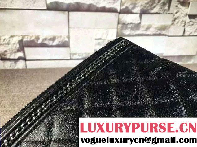 Chanel Calfskin Chain Boy Zip Pouch Clutch Large Bag A80571 Black 2016