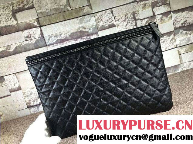 Chanel Calfskin Chain Boy Zip Pouch Clutch Large Bag A80571 Black 2016
