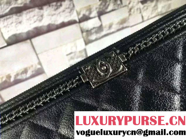 Chanel Calfskin Chain Boy Zip Pouch Clutch Large Bag A80571 Black 2016