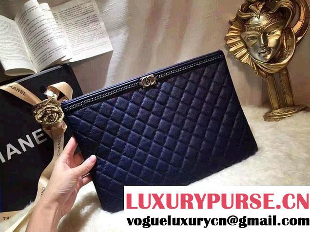 Chanel Calfskin Chain Boy Zip Pouch Clutch Large Bag A80571 Blue 2016