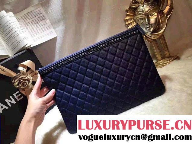 Chanel Calfskin Chain Boy Zip Pouch Clutch Large Bag A80571 Blue 2016