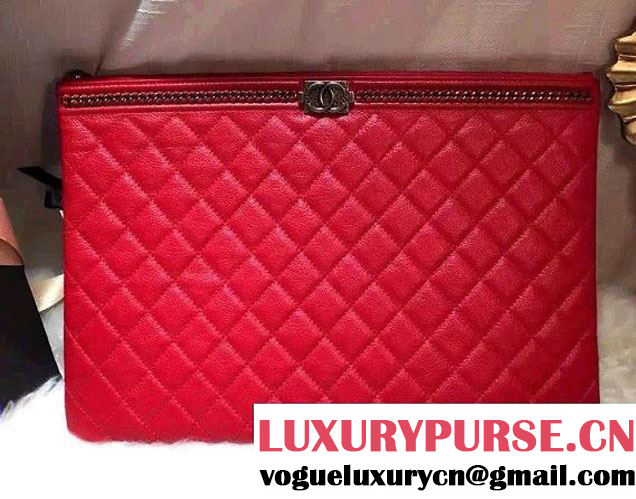 Chanel Calfskin Chain Boy Zip Pouch Clutch Large Bag A80571 Red 2016