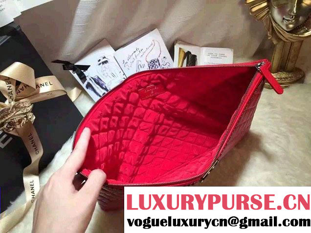 Chanel Calfskin Chain Boy Zip Pouch Clutch Large Bag A80571 Red 2016