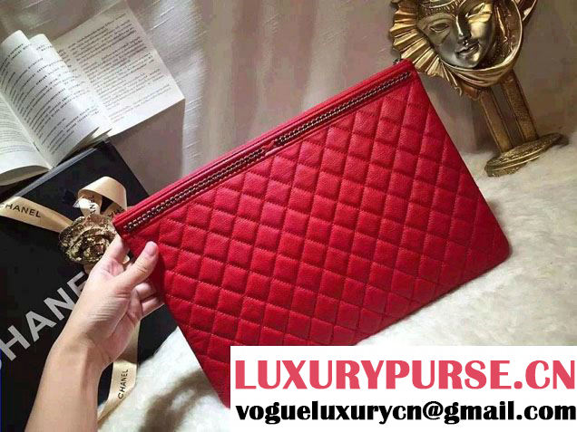 Chanel Calfskin Chain Boy Zip Pouch Clutch Large Bag A80571 Red 2016