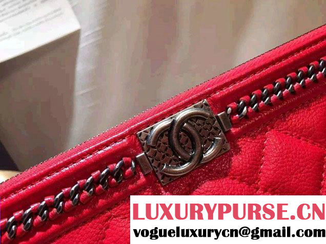 Chanel Calfskin Chain Boy Zip Pouch Clutch Large Bag A80571 Red 2016