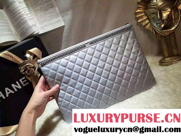 Chanel Calfskin Chain Boy Zip Pouch Clutch Large Bag A80571 Silver 2016