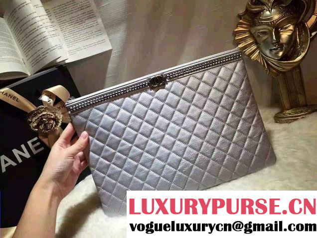 Chanel Calfskin Chain Boy Zip Pouch Clutch Large Bag A80571 Silver 2016