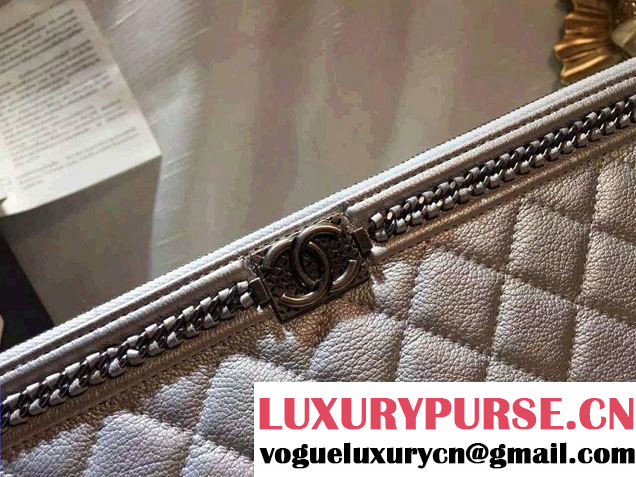 Chanel Calfskin Chain Boy Zip Pouch Clutch Large Bag A80571 Silver 2016
