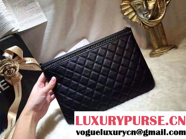 Chanel Calfskin Chain Boy Zip Pouch Clutch Small Bag A80571 Black 2016