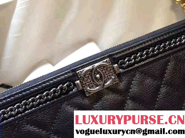Chanel Calfskin Chain Boy Zip Pouch Clutch Small Bag A80571 Black 2016