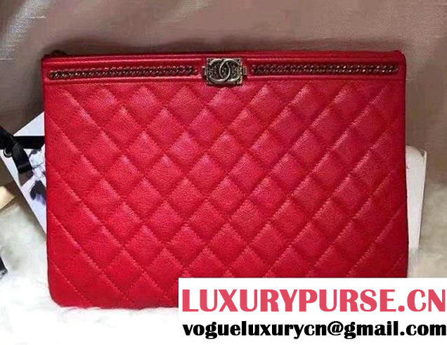 Chanel Calfskin Chain Boy Zip Pouch Clutch Small Bag A80571 Red 2016