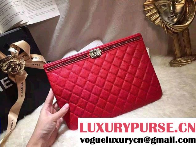 Chanel Calfskin Chain Boy Zip Pouch Clutch Small Bag A80571 Red 2016