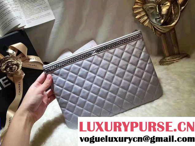 Chanel Calfskin Chain Boy Zip Pouch Clutch Small Bag A80571 Silver 2016