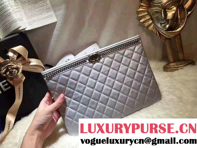 Chanel Calfskin Chain Boy Zip Pouch Clutch Small Bag A80571 Silver 2016