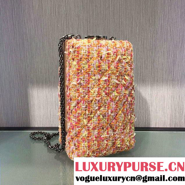 Chanel Lambskin/Ruthenium Metal Kiss-Lock Cosmetic Shoulder Small Bag A93455 Tweed Pink 2016
