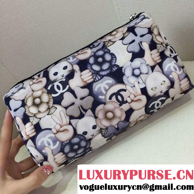 Chanel Emoticon Printed Fabric Large Pouch Clutch Bag A82449 Gold 2016