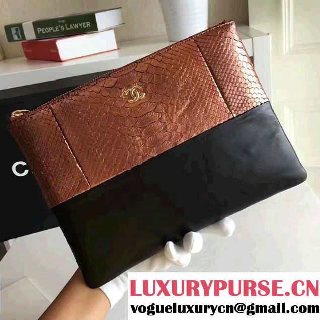 Chanel Python and Calfskin Clutch Pouch Bag Bronze/Black 2016