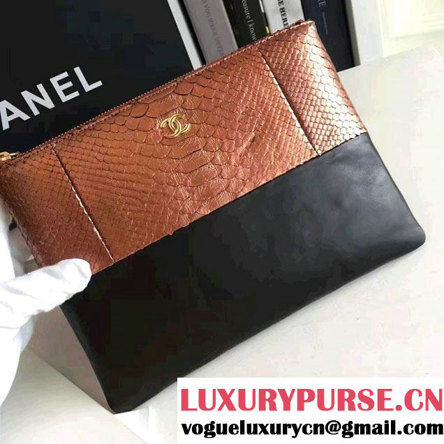 Chanel Python and Calfskin Clutch Pouch Bag Bronze/Black 2016