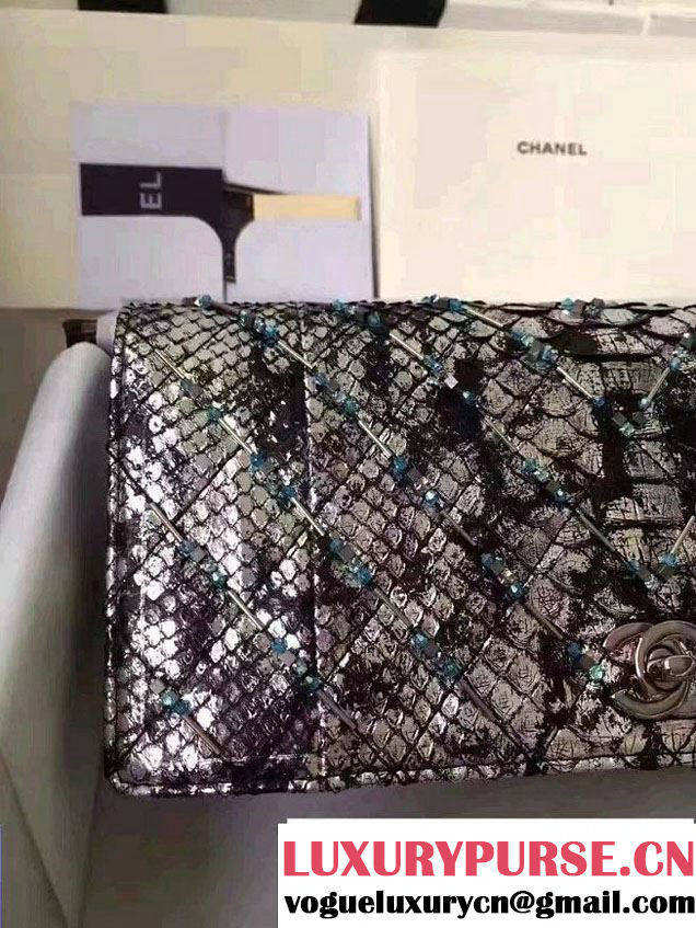 Chanel Chevron Embroidered Python Chain Clutch Bag A94457 Silver 2016