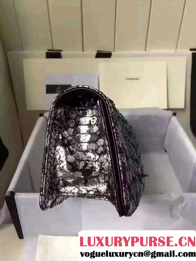 Chanel Chevron Embroidered Python Chain Clutch Bag A94457 Silver 2016