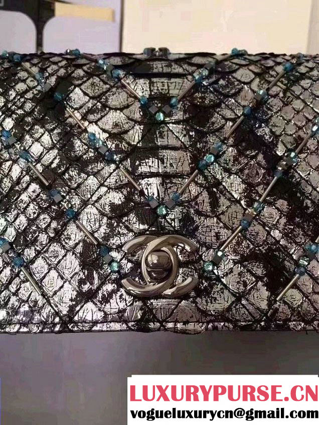 Chanel Chevron Embroidered Python Chain Clutch Bag A94457 Silver 2016