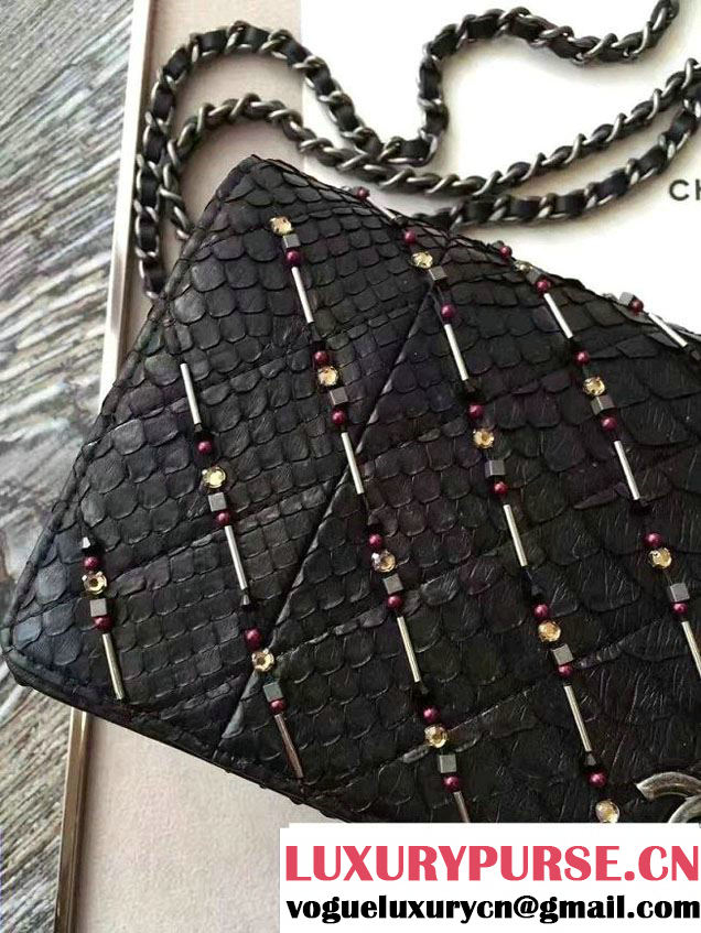 Chanel Chevron Embroidered Python Chain Clutch Bag A94457 Black 2016