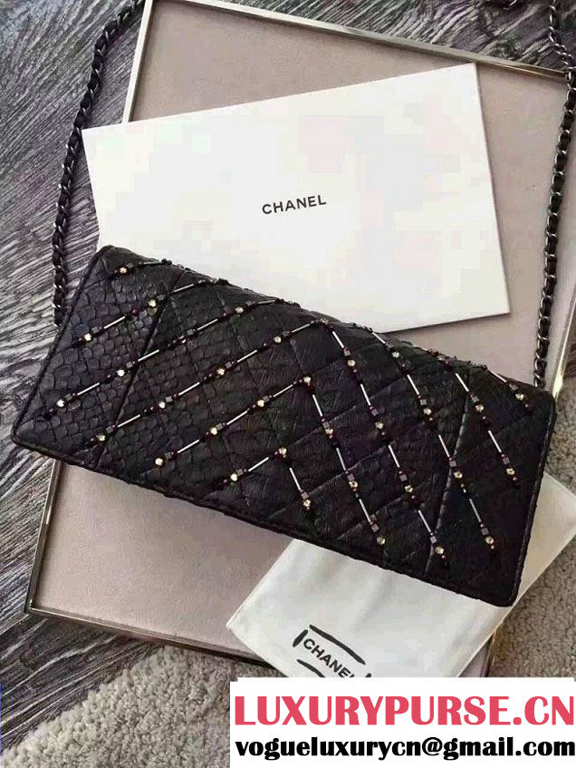 Chanel Chevron Embroidered Python Chain Clutch Bag A94457 Black 2016