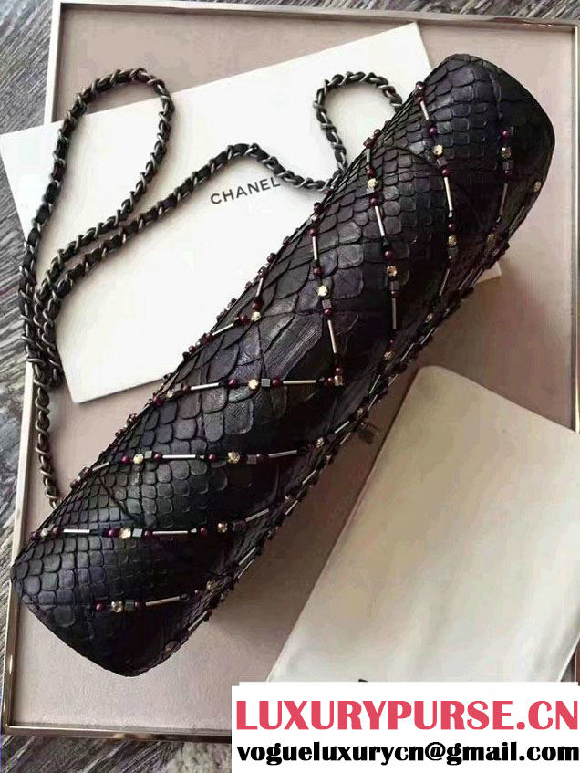 Chanel Chevron Embroidered Python Chain Clutch Bag A94457 Black 2016