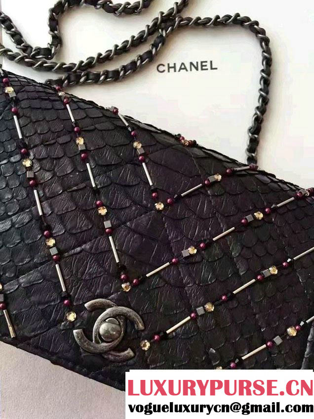 Chanel Chevron Embroidered Python Chain Clutch Bag A94457 Black 2016