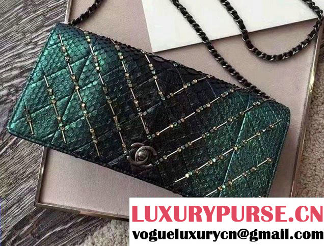 Chanel Chevron Embroidered Python Chain Clutch Bag A94457 Green 2016