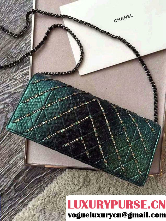Chanel Chevron Embroidered Python Chain Clutch Bag A94457 Green 2016