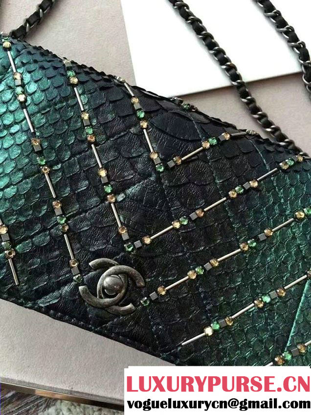 Chanel Chevron Embroidered Python Chain Clutch Bag A94457 Green 2016